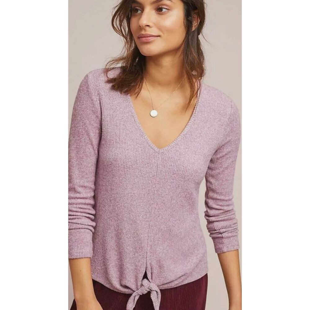 Saturday Sunday Anthropologie Front Tie Long Sleeve V Neck Sweater Top Purple S